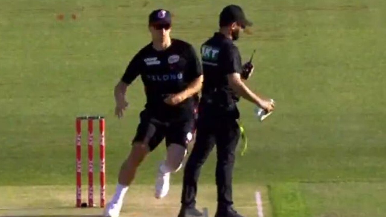 Tom Curran nearly collides with reserve umpire Muhammad Quereshi, an incident which resulted in the Englishman being suspended for four games. Picture: Channel 7