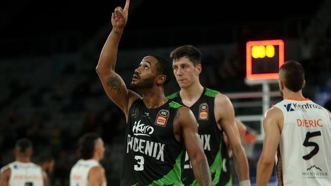 John Roberson celebrates the Phoenix’s thrilling win over the Taipans. Picture: AAP