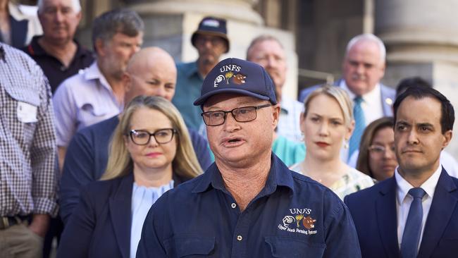 Farmer Andrew Kitto talking to the media at Parliament House in Adelaide, after calling for urgent drought assistance. Picture: Matt Loxton