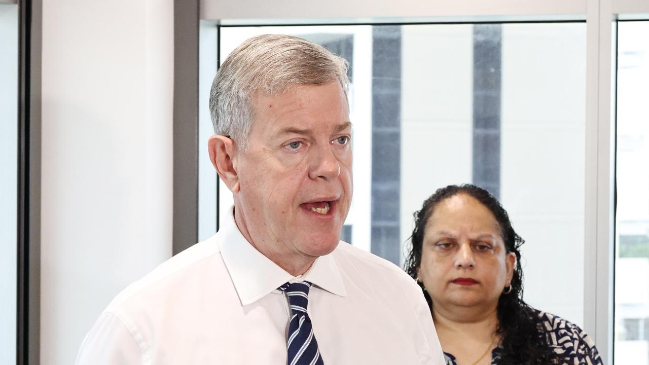 Queensland Health Minister Tim Nicholls held a press conference at the Cairns Hospital with Cairns and Hinterland Hospital and Health Service chief executive Leena Singh, after the state government declared hormone therapies for new gender diverse patients under 18 years old will be paused at public health facilities while a review into the practice is conducted. Picture: Brendan Radke