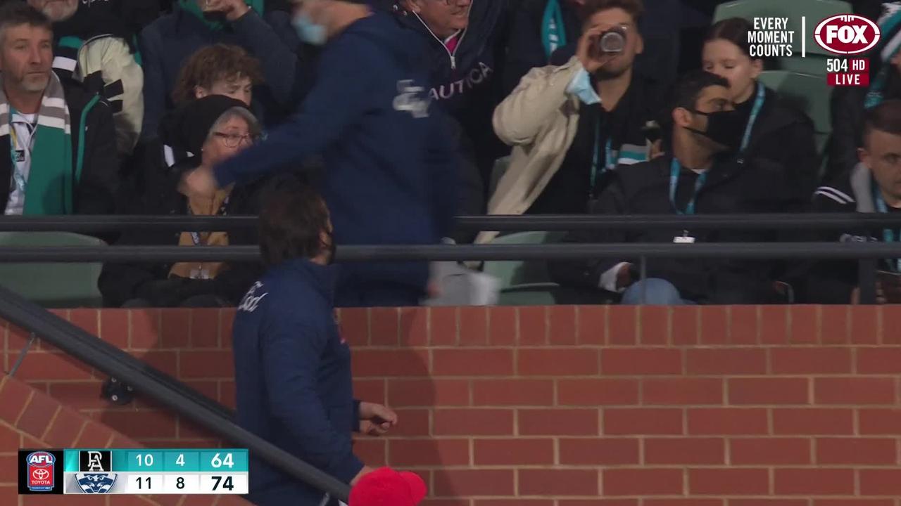 Geelong coach Chris Scott interacted with a crowd member on Thursday night.