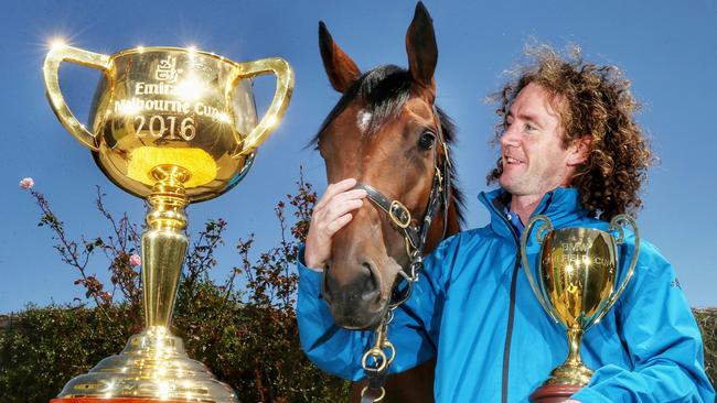 Trainer Ciaron Maher with Jameka and the Melbourne Cup. Picture: Colleen Petch.