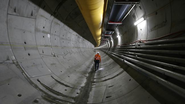 Underground in the North West Rail Link tunnel near Bella Vista. The North West Rail Link is underway and TBM Elizabeth has cut through 1092metres of earth travelling East from Bella Vista. Picture: Bradley Hunter