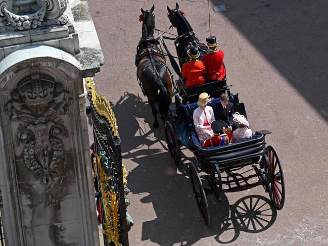 Prince Edward, Earl of Wessex, Sophie, Countess of Wessex, Lady Louise Windsor and James, Viscount Severn, travel in a horse-drawn carriage. Picture: Getty