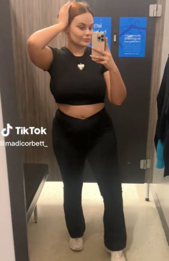 Fashion blogger @madicorbett_ shared a video of herself trying on the tights. Picture: TikTok/@madicorbett_