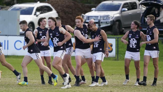 Rosebud players celebrate a goal on Saturday. Picture: Valeriu Campan