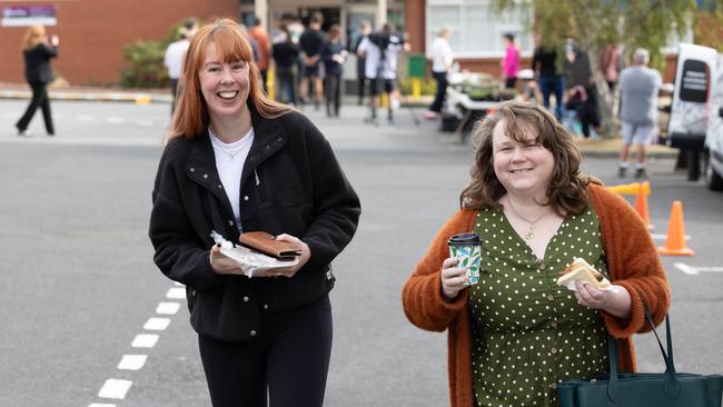 2024 Tasmanian State Election. Mount Nelson Tasmania Saturday 23rd March. Mount Nelson neighbours and friends Tessa Beattie and Miranda Johnson after voting. Picture: Linda Higginson