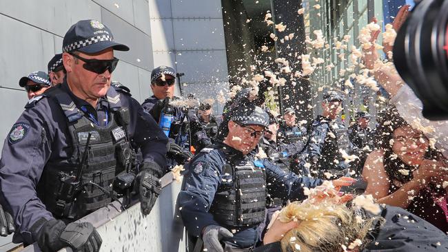 Police and climate change protesters clash outside a mining conference in Melbourne as a woman is pepper sprayed. Picture: Alex Coppel.