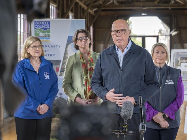 Senator Wendy Askew, Sorrell Mayor Janet Gatehouse, Hon Peter Dutton MP and Susie Bower at Sorell Mens Shed. Picture: Caroline Tan