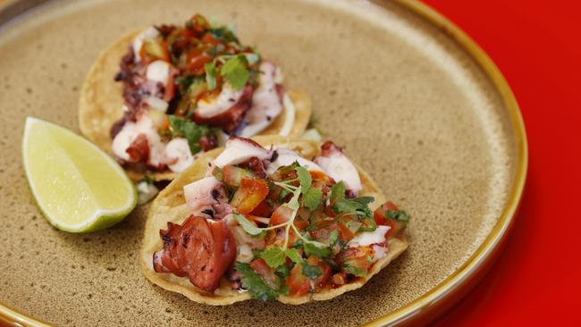 Octopus tostata with lime mayo, pico de ballo and Mexican citrus at Cartel del Taco in Hawthorne. Picture: Lachie Millard