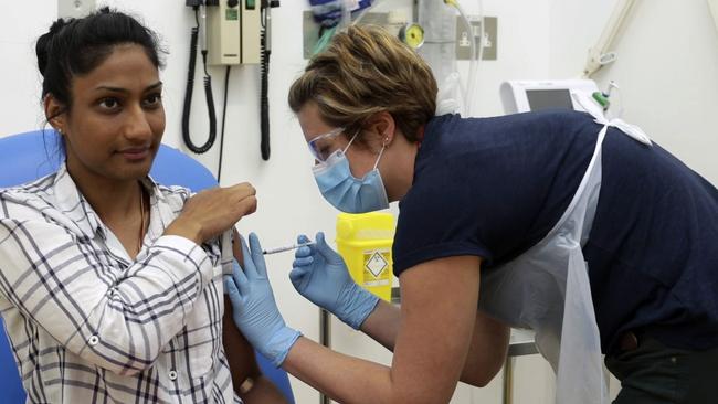 A volunteer is injected with Oxford’s COVID-19 vaccine. Picture: University of Oxford via AP