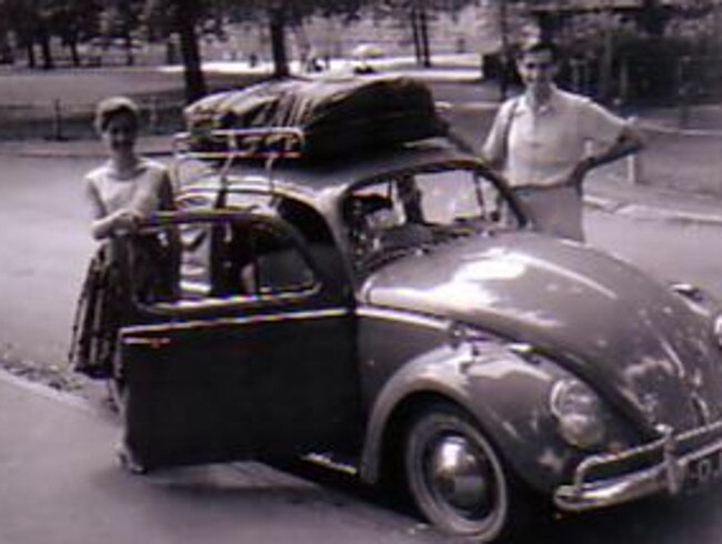 Ivan and Beth Hodge with the car during their 1961 honeymoon trip.