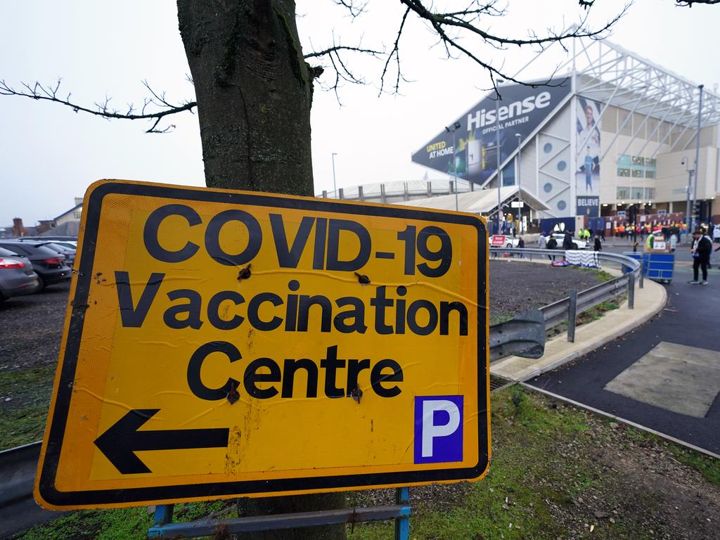 A Covid-19 Vaccination Centre sign outside of Elland Road, home of Leeds United. Picture: Mike Egerton/PA Images/Getty Images