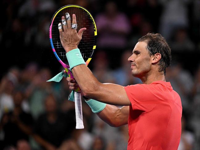 TOPSHOT - Spain's Rafael Nadal celebrates victory after his men's singles match against Jason Kubler of Australia at the Brisbane International tennis tournament in Brisbane on January 4, 2024. (Photo by William WEST / AFP) / --IMAGE RESTRICTED TO EDITORIAL USE - STRICTLY NO COMMERCIAL USE--