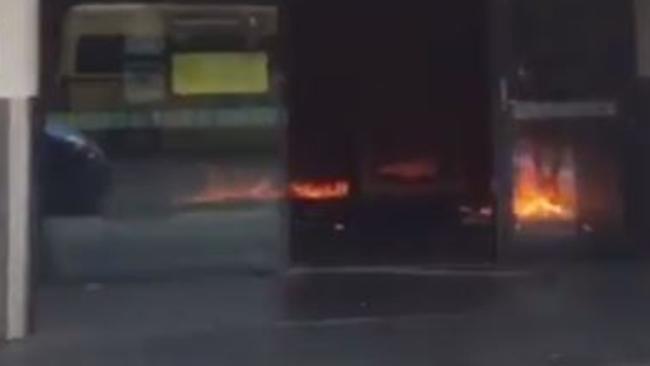 Flames inside the bank on Springvale Rd. Picture: Twitter.