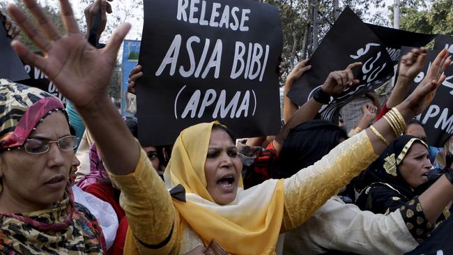 Supporters of All Pakistan Minorities Alliance chant slogans during a rally against blasphemy laws, demanding the release of Christian woman Asia Bibi who is sentenced to death. Picture: AP