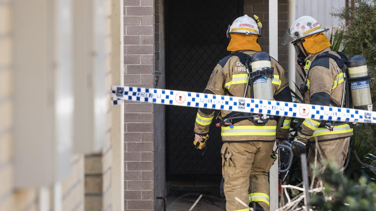 Emergency services attend a fire in a unit complex in James St, Harristown. Picture: Kevin Farmer