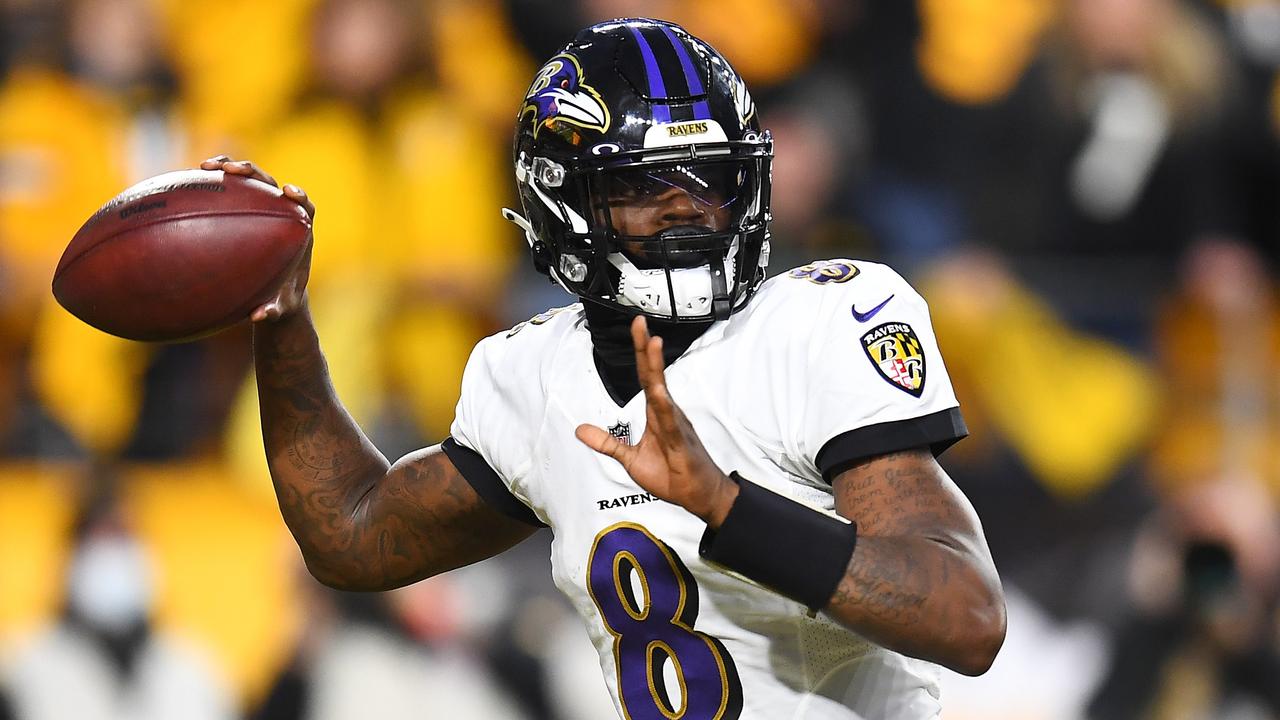 PITTSBURGH, PENNSYLVANIA - DECEMBER 05: Lamar Jackson #8 of the Baltimore Ravens looks to pass against the Pittsburgh Steelers during the first quarter at Heinz Field on December 05, 2021 in Pittsburgh, Pennsylvania. Joe Sargent/Getty Images/AFP