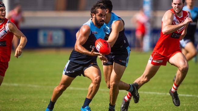 NTFL elimination final: Waratah v Darwin Buffaloes at TIO Stadium. Jarrod Stokes with a run with the footy.Photograph: Che Chorley