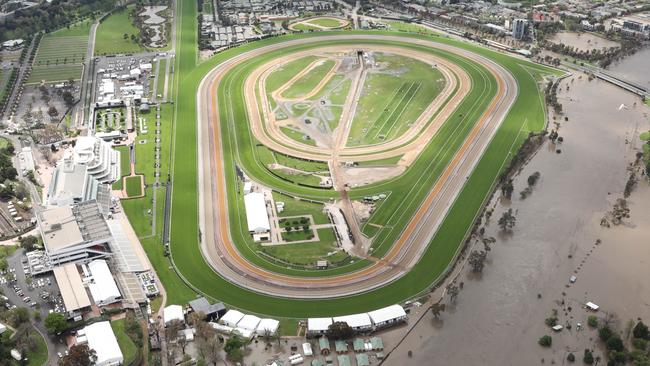 An aerial image of floodwaters near Flemington Racecourse. Picture: David Caird