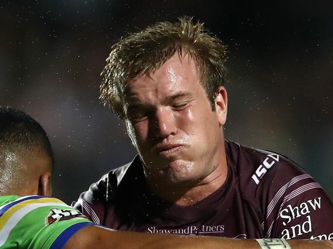 SYDNEY, AUSTRALIA - MARCH 31: Jake Trbojevic of the Sea Eagles is tackled  during the round four NRL match between the Many Sea Eagles and the Canberra Raiders at Lottoland on March 31, 2018 in Sydney, Australia.  (Photo by Cameron Spencer/Getty Images)