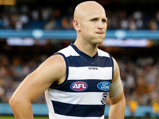 MELBOURNE, AUSTRALIA - APRIL 2: Gary Ablett of the Cats looks dejected after a loss during the 2018 AFL round 02 match between the Geelong Cats and the Hawthorn Hawks at the Melbourne Cricket Ground on April 2, 2018 in Melbourne, Australia. (Photo by Adam Trafford/AFL Media)