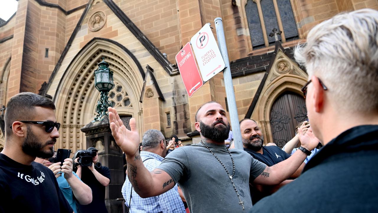 Anger spilled over before the mass. Picture: NCA NewsWire / Jeremy Piper