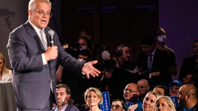 Katherine Deves listens as Scott Morrison addresses a rally. Picture: Jason Edwards