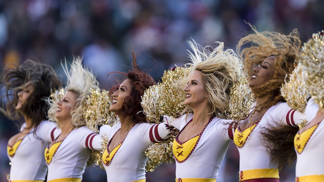 LANDOVER, MD - DECEMBER 15: Washington Redskins cheerleaders perform during the first half of the game against the Philadelphia Eagles at FedExField on December 15, 2019 in Landover, Maryland. (Photo by Scott Taetsch/Getty Images)