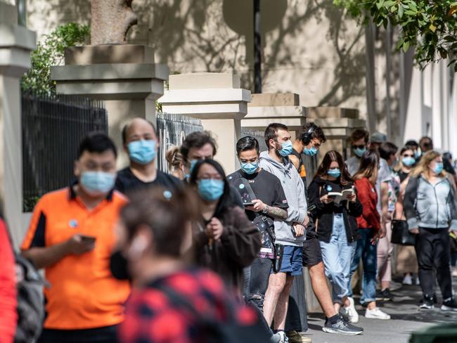 Long vaccination lines at Royal Prince Alfred Hospital in Sydney on Friday Picture: NCA NewsWire / James Gourley