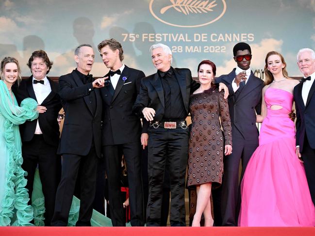(FromL) Australian actress Olivia DeJonge, a guest, US actor Tom Hanks, US actor Austin Butler, Australian director Baz Luhrmann, Priscilla Presley, actor Alton Mason, Australian actress Natasha Bassett and film producer Patrick Mccormick arrive for the screening of the film 