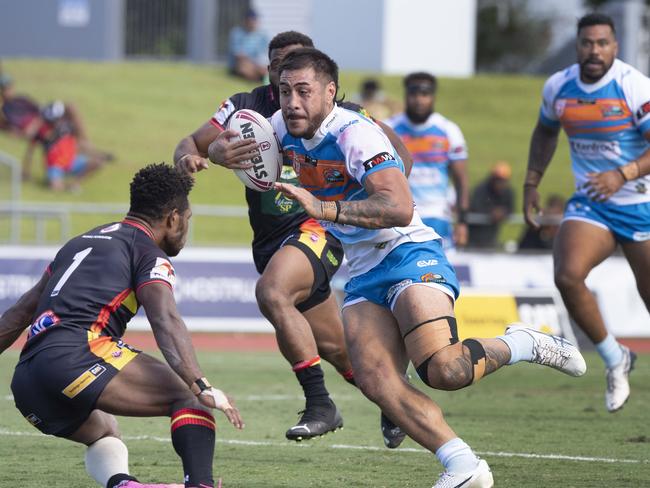 Northern Pride's Nick Lui-Toso breaks through for his first half try during the game againgst the Hunters. Picture: Brian Cassey