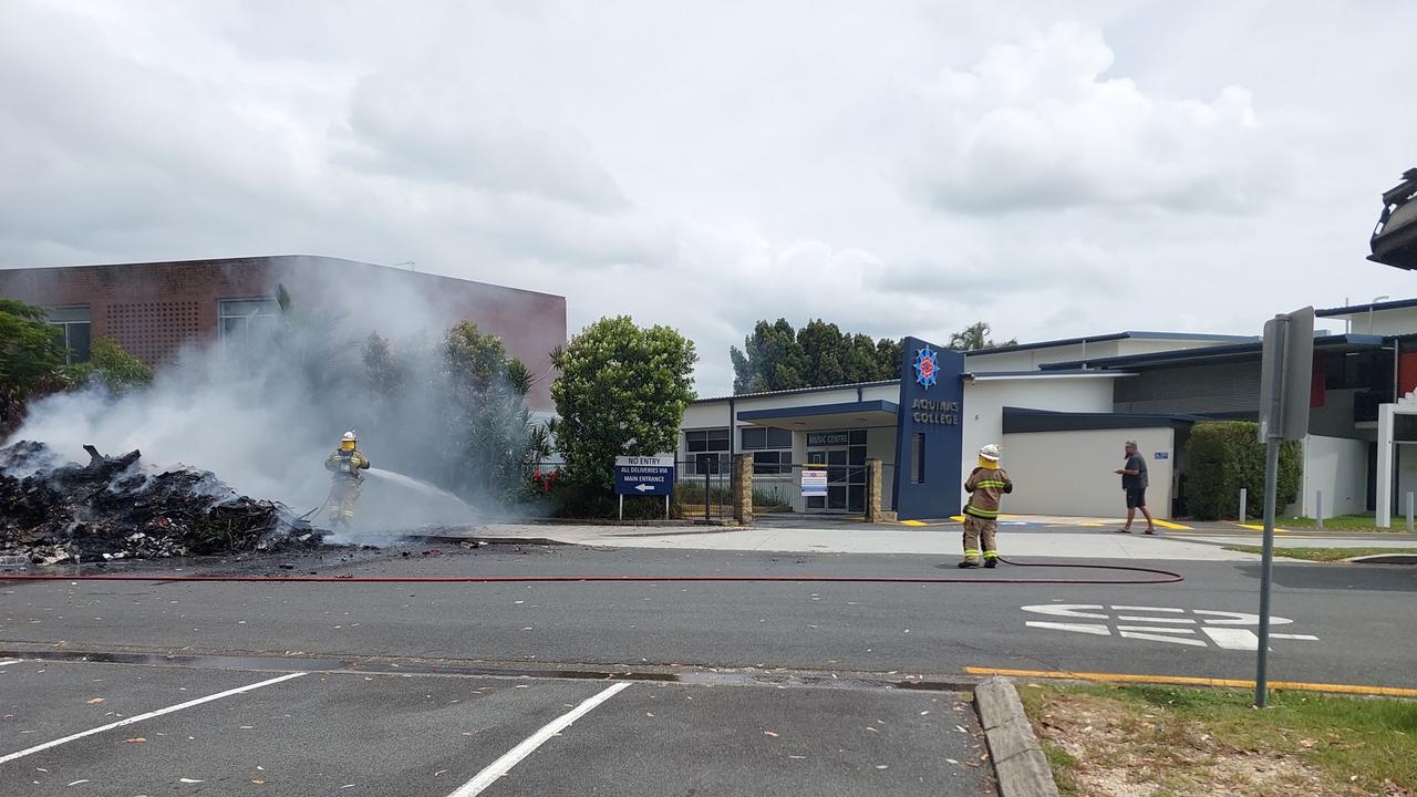 A rubbish truck was forced to dump its load after the wast burst into flames outside Aquinas College on Sunday, February 2: Picture: Dean McNicol