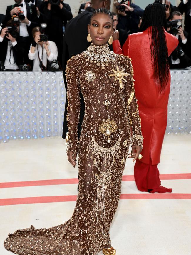 Michaela Coel in gilded custom Schiaperelli. Picture: Jamie McCarthy/Getty Images North America/Getty Images via AFP