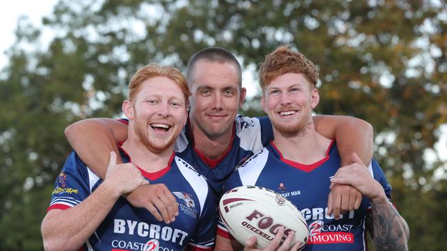 Runaway Bay players Alex Bishop, Harrison Muller and Guy Hamilton last played in a Grand Final together for the Sunshine Coast Falcons in 2017. They lost, so they're hoping to go one better for Runaway Bay in the Grand final. Picture Glenn Hampson.