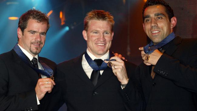 2003 Brownlow Medal winners Mark Ricciuto, Nathan Buckley and Adam Goodes. Picture: Kelly Barnes.