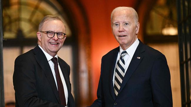 US President Joe Biden bids farewell to Prime Minister Anthony Albanese at the end of the Quadrilateral Summit in Wilmington, Delaware. Picture: AFP