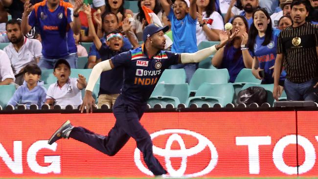 Hardik Pandya takes a catch on the boundary. Picture: AFP