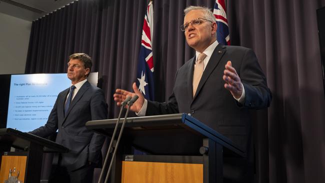 Scott Morrison, right, and Energy Minister Angus Taylor unveil the Coalition's net-zero plan. Picture: NCA NewsWire / Martin Ollman