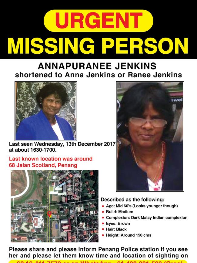 One of the flyers posted in Penang, Malaysia, for missing Australian citizen Annapuranee Jenkins.