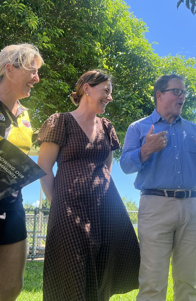 Nightcliff Tigers Treasurer Liz Oliver, AFL NT Facilities and Government Partnerships Manager NT Katrina Kawaljenko and Solomon MP Luke Gosling at Nightcliff Oval.