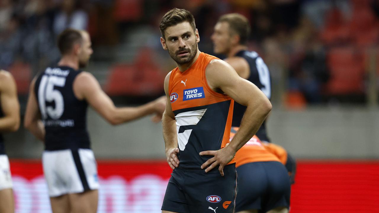 Adam Kingsley has shut down claims Stephen Coniglio had been badgering umpires during the Giants’ loss to Carlton on Saturday. Picture: Phil Hillyard