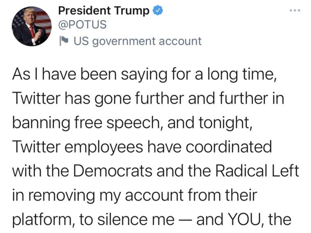 Donald Trump hit out at Twitter from the @POTUS account after the social media platform ‘permanently suspended’ his personal account. Picture: Supplied