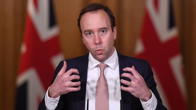 Britain's Health Secretary Matt Hancock attends a virtual press conference. Picture: AFP.