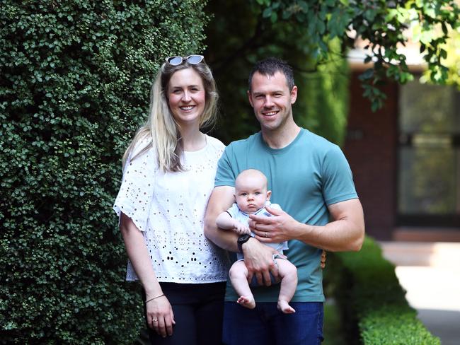 02/01/20 Sam Playfair with his wife Liz Franklyn and their 3-month-old son Ollie at their 2-bedroom art-deco flat in Melbourne. Aaron Francis/The Australian