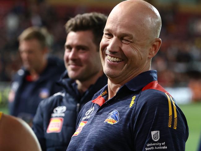 MELBOURNE . 13/04/2023.  AFL . Round 5. Gather Round. Adelaide vs Carlton at the Adelaide Oval.  Adelaide Crows senior coach Matthew Nicks has a laugh with Rory Laird after tonights win  . Pic: Michael Klein