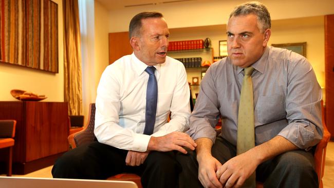 PM Tony Abbott and Treasurer Joe Hockey discuss the upcoming budget in the PM's Office at Parliament House in Canberra.