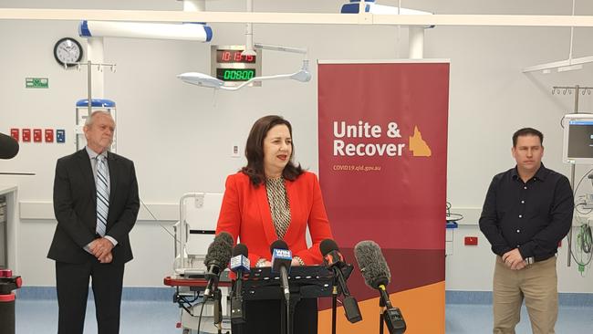 Queensland Premier Annastacia Palaszczuk discusses the current COVID-19 situation at Gladstone Hospital. Picture: Rodney Stevens