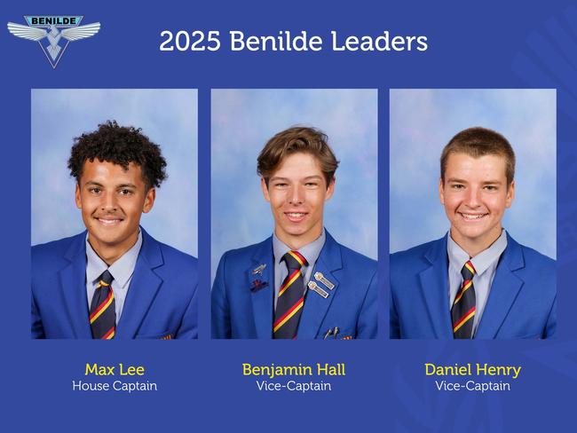 St Bede’s College — 2025 Benilde Leaders: Max Lee (House captain), Benjamin Hall (Vice-captain) and Daniel Henry (Vice-captain).