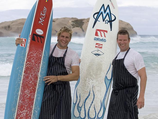 First TV role ... Curtis Stone and Ben O'Donoghue in 2006 on show Surfing The Menu. Picture: Supplied.